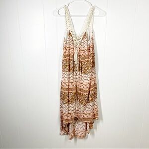 Hint of Mint Boho Brown and Cream Sleeveless Crochet Accent Midi Dress Medium